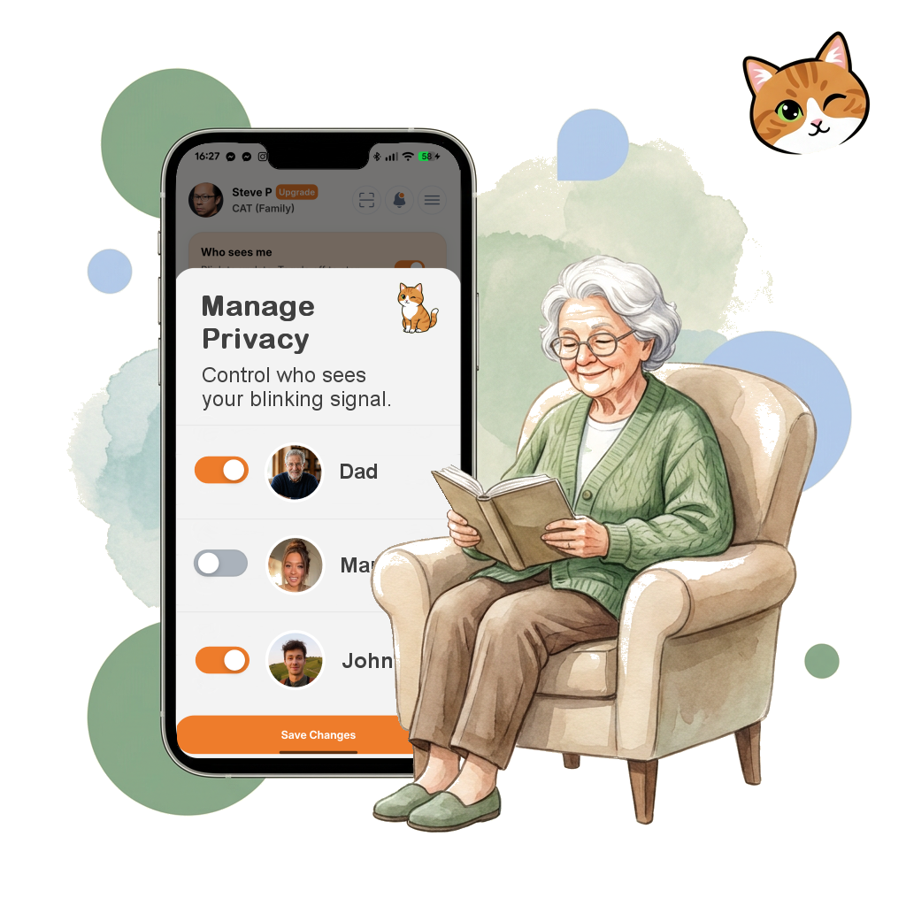 The Still Blinking? Manage Privacy dashboard showing monitoring status indicators for family members