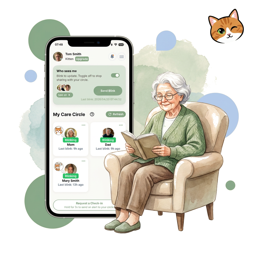 The Still Blinking? Care Circle dashboard showing green blink-status indicators for family members